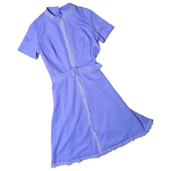 Vintage 1960s Lavender High Neck Lace Trim Short Sleeve Gogo Mod Mini Dress 6 - Picture 1 of 5